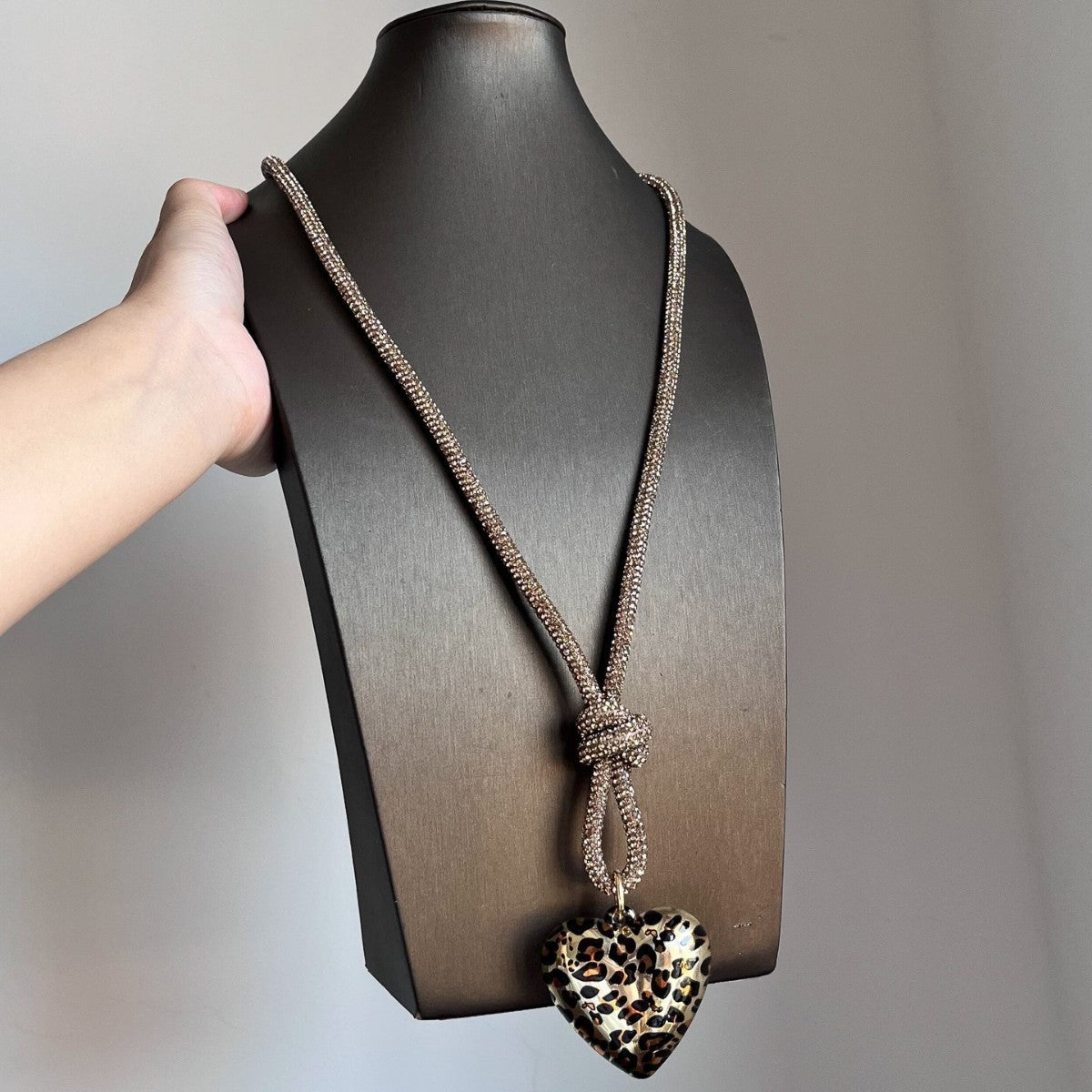 Leopard Heart Rhinestone Knot Necklace
