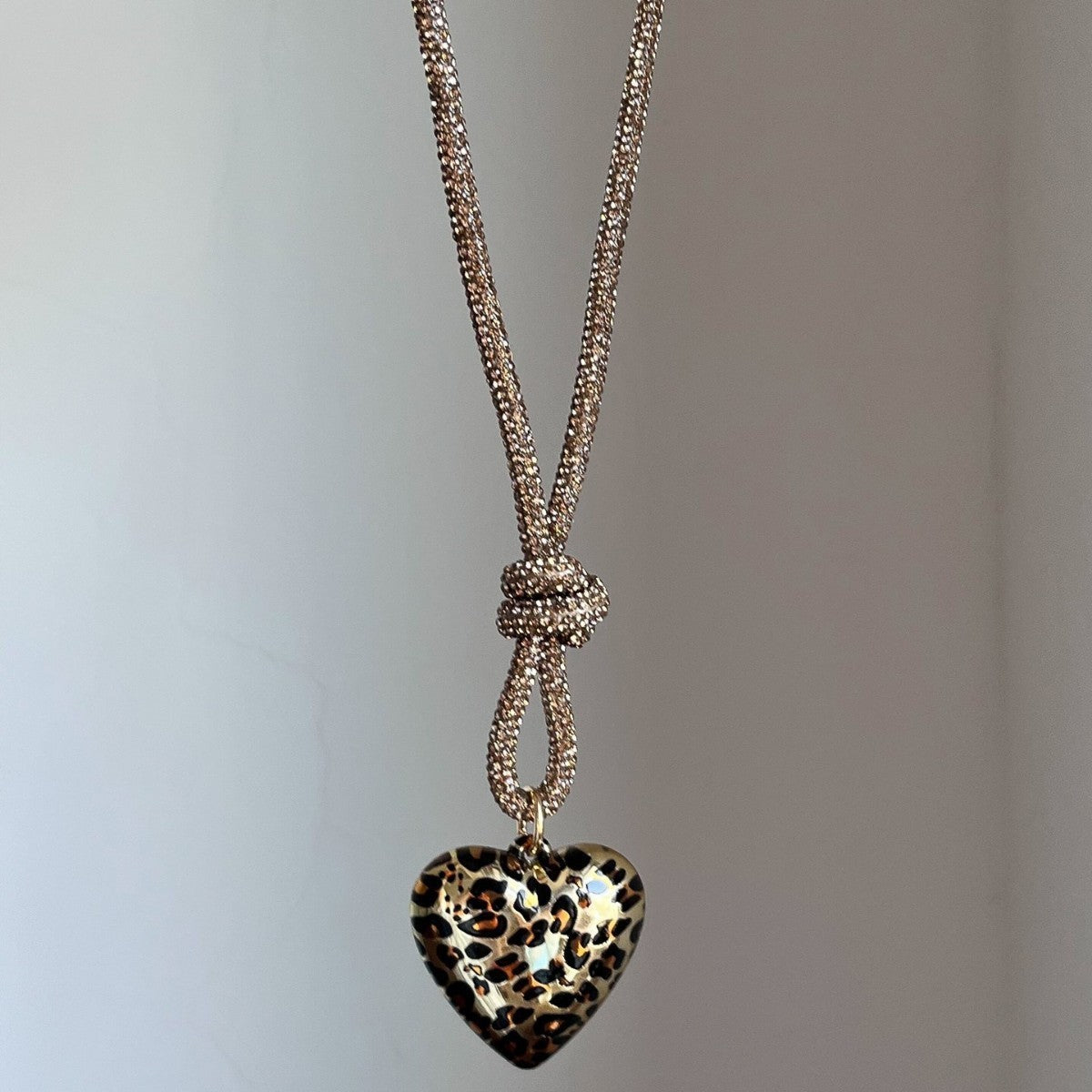 Leopard Heart Rhinestone Knot Necklace