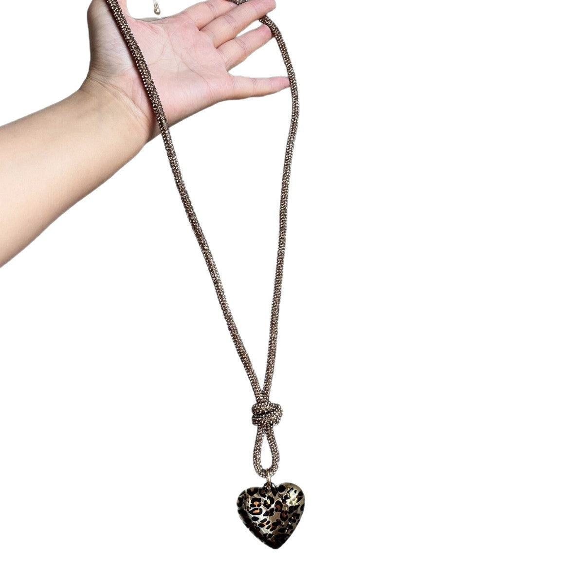 Leopard Heart Rhinestone Knot Necklace