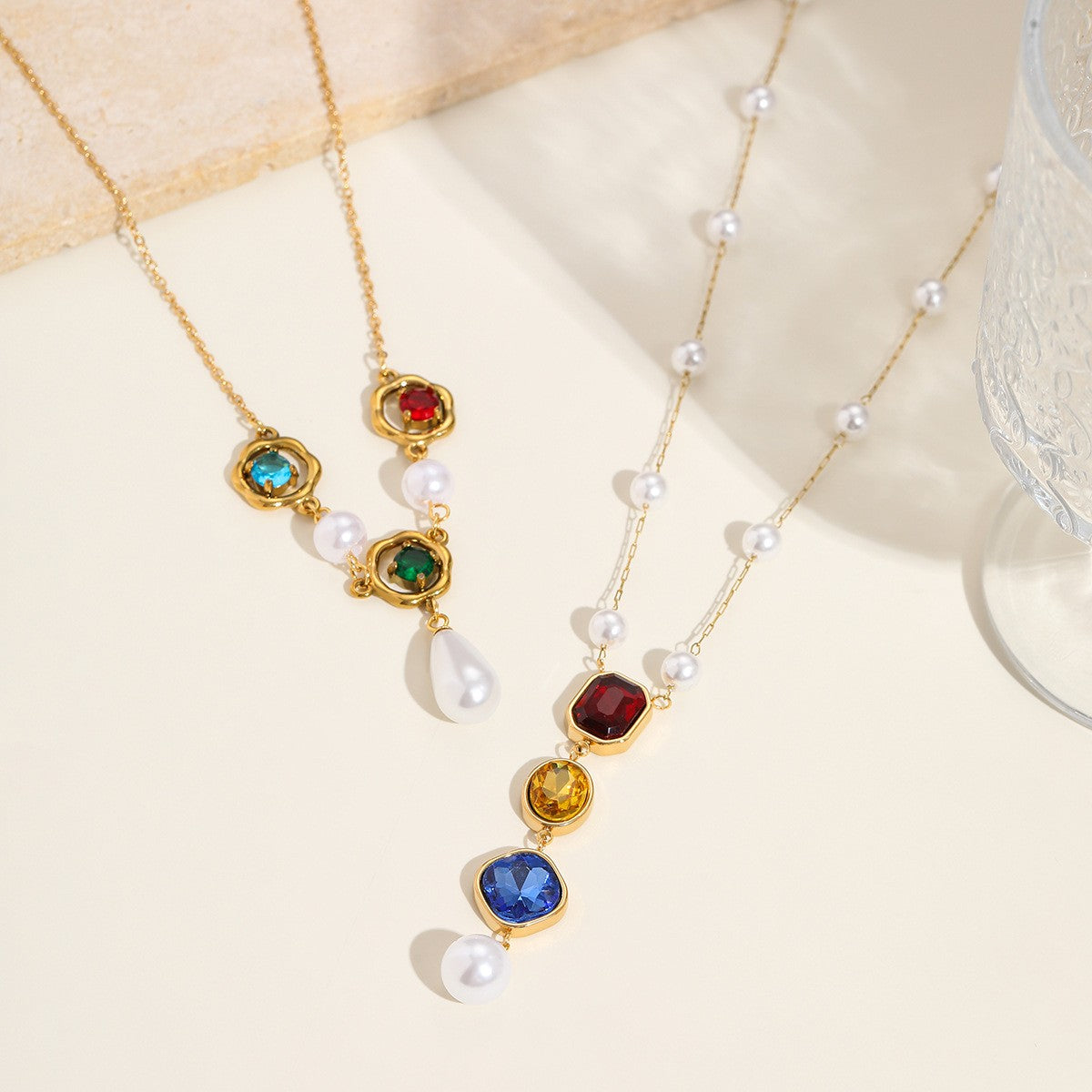 Colored Gemstone Pearl Y-Necklace