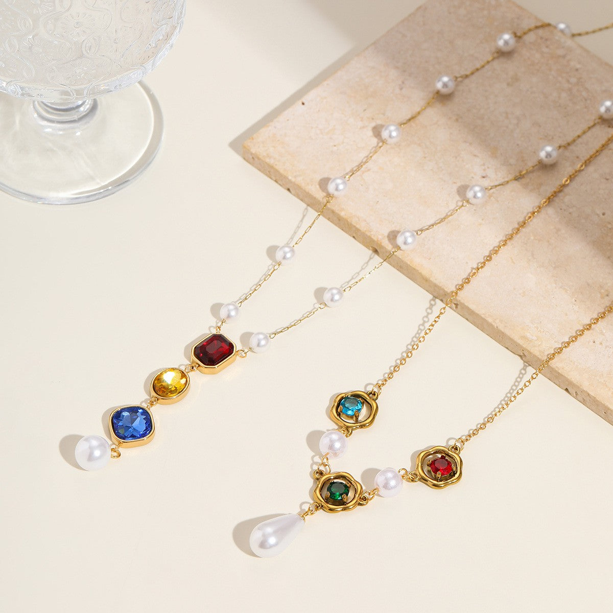 Colored Gemstone Pearl Y-Necklace