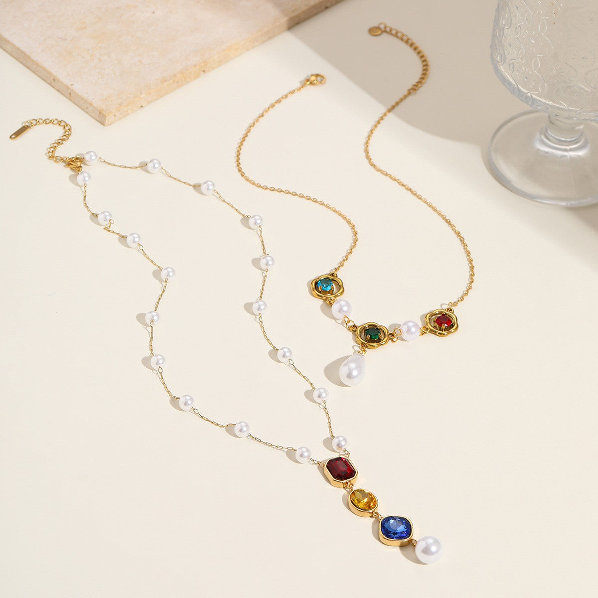 Colored Gemstone Pearl Y-Necklace