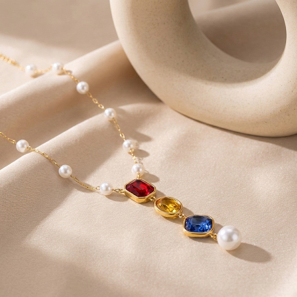 Colored Gemstone Pearl Y-Necklace