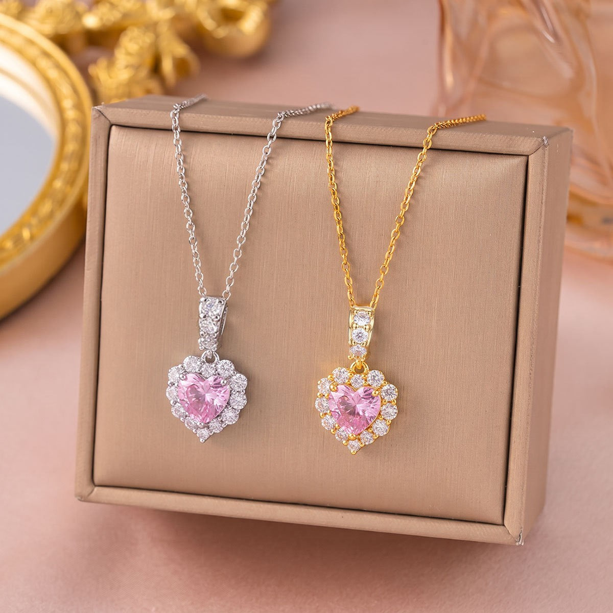 Pink Crystal Halo Heart Necklace
