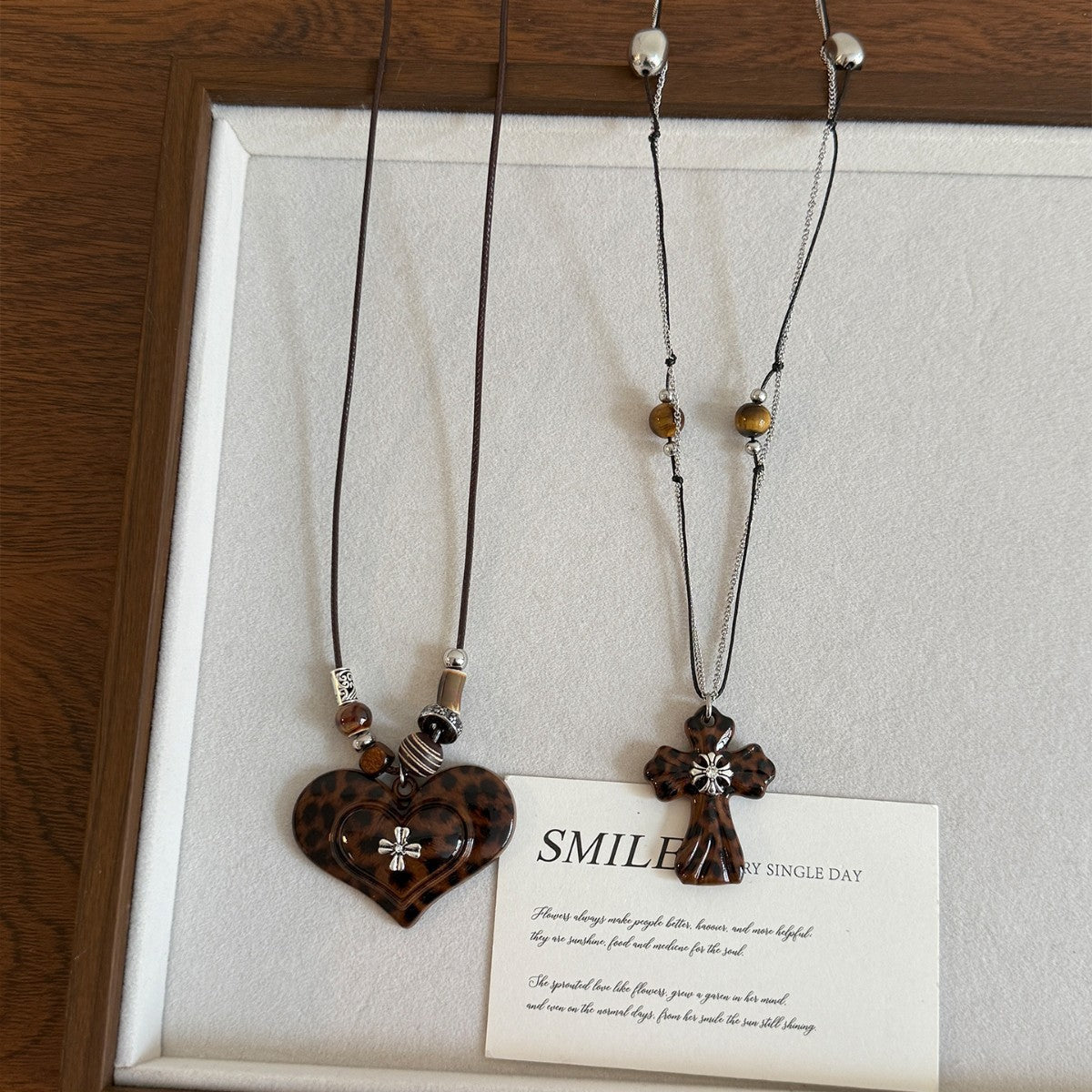 Leopard Print Cross & Heart Necklace Set