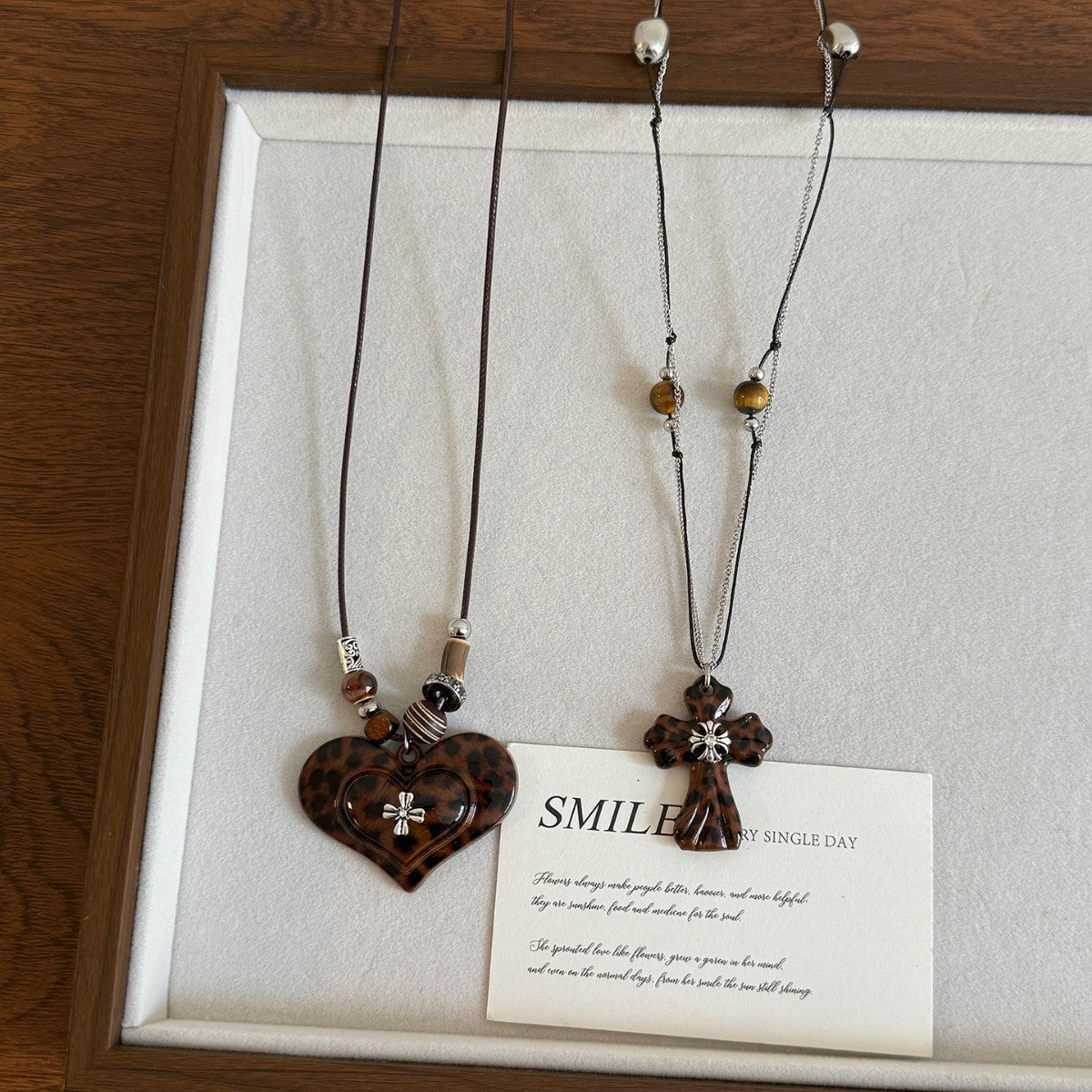 Leopard Print Cross & Heart Necklace Set