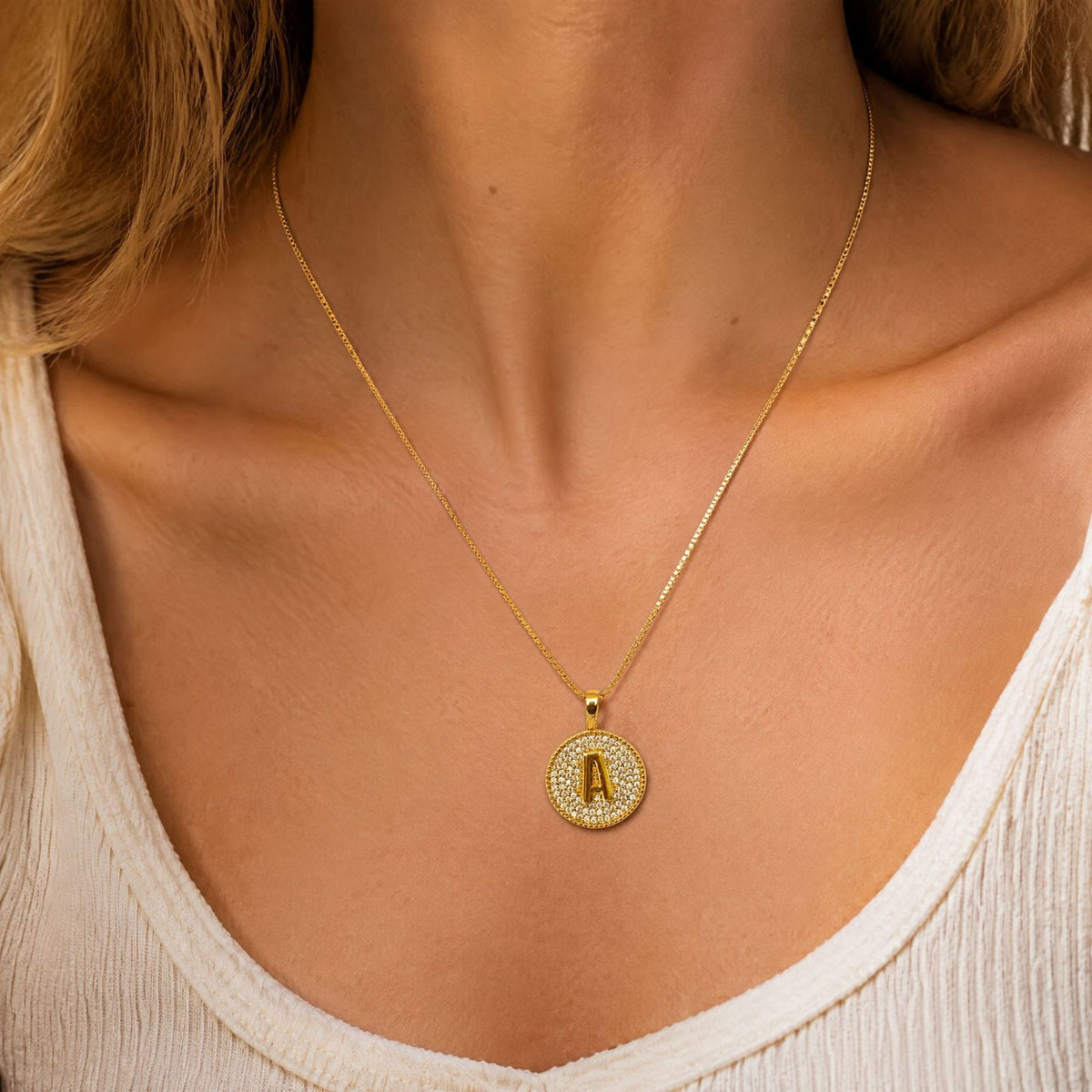Rhinestone Initial Disc Necklace