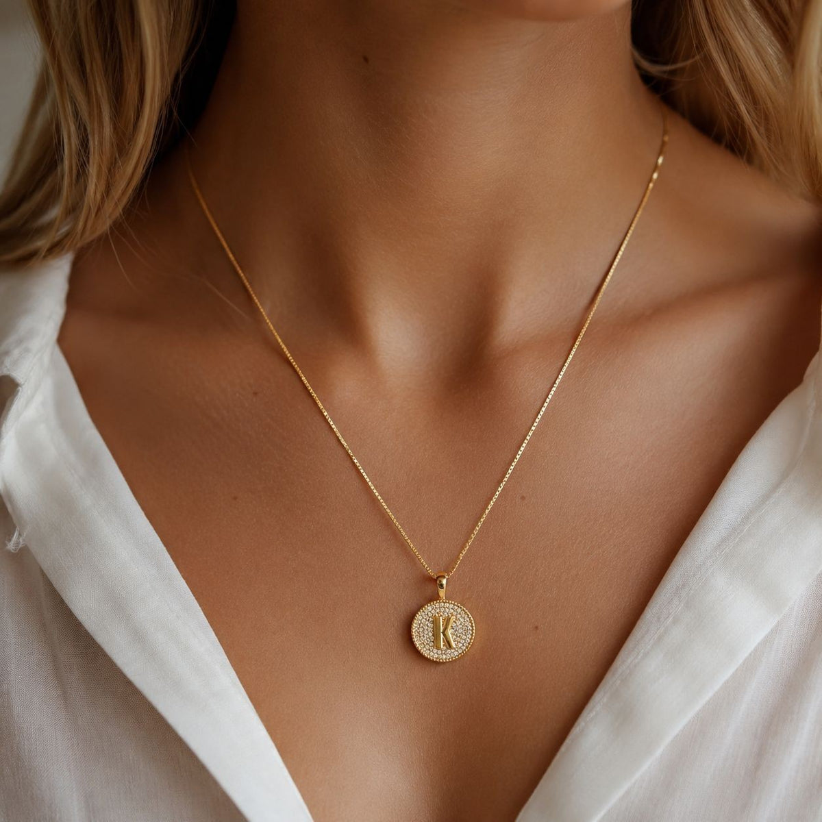 Rhinestone Initial Disc Necklace