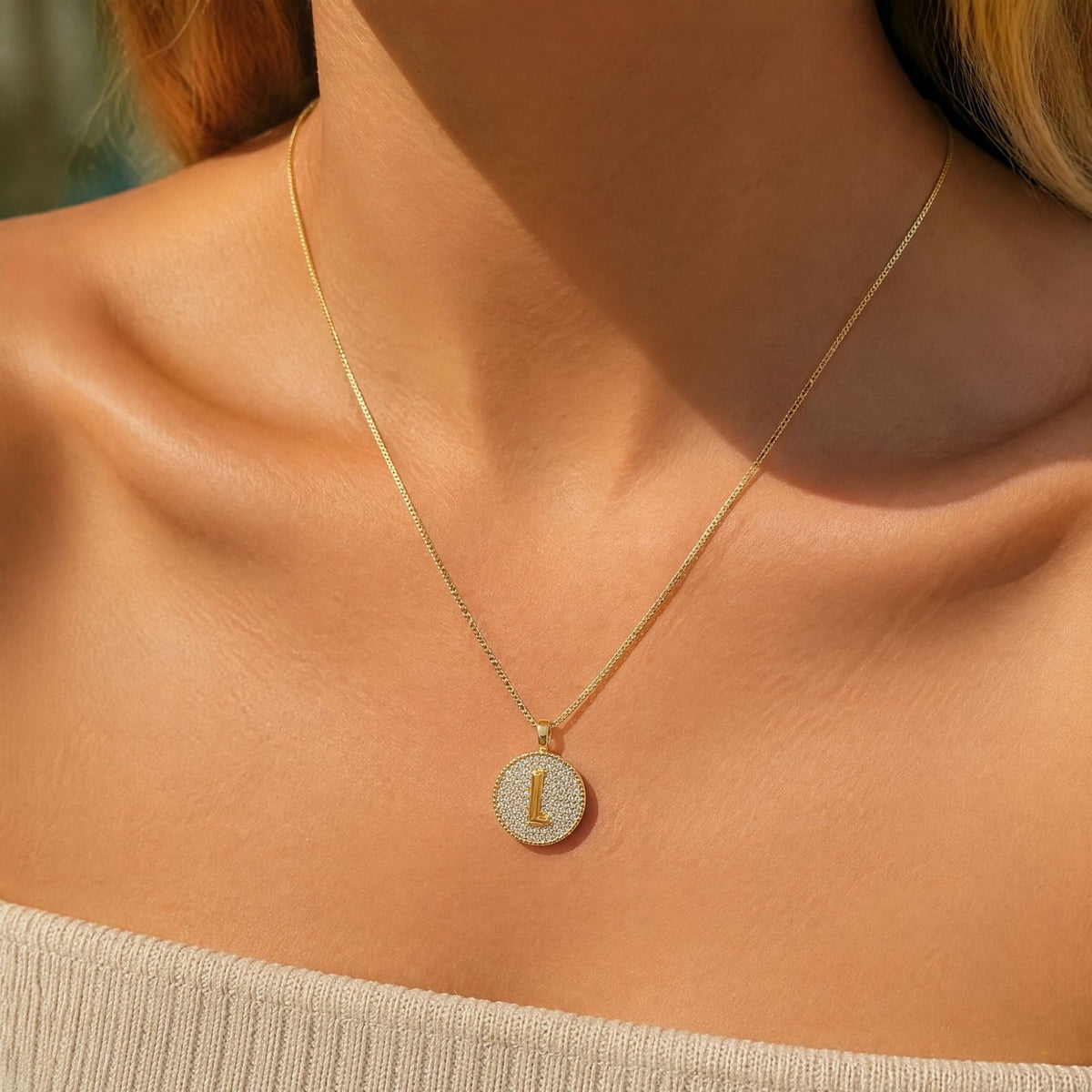 Rhinestone Initial Disc Necklace