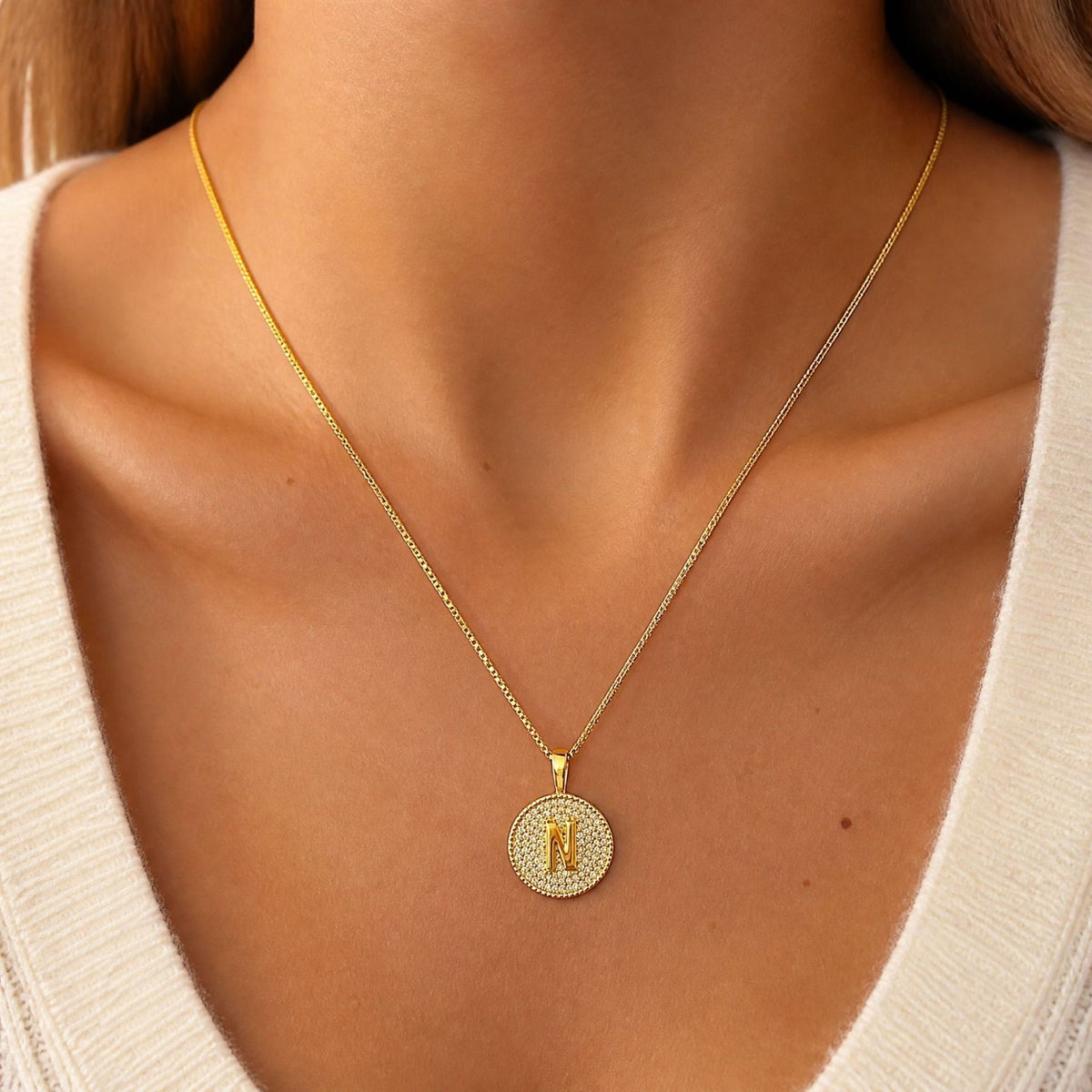 Rhinestone Initial Disc Necklace
