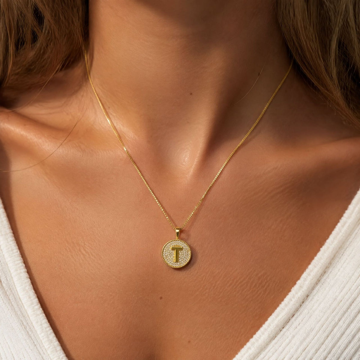 Rhinestone Initial Disc Necklace