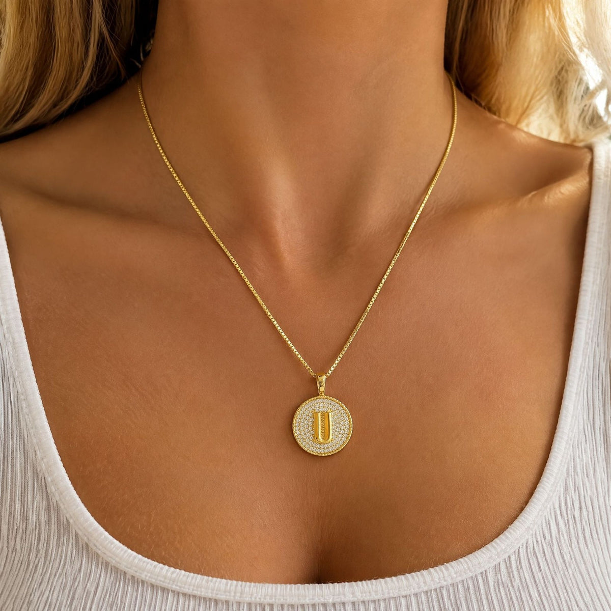 Rhinestone Initial Disc Necklace