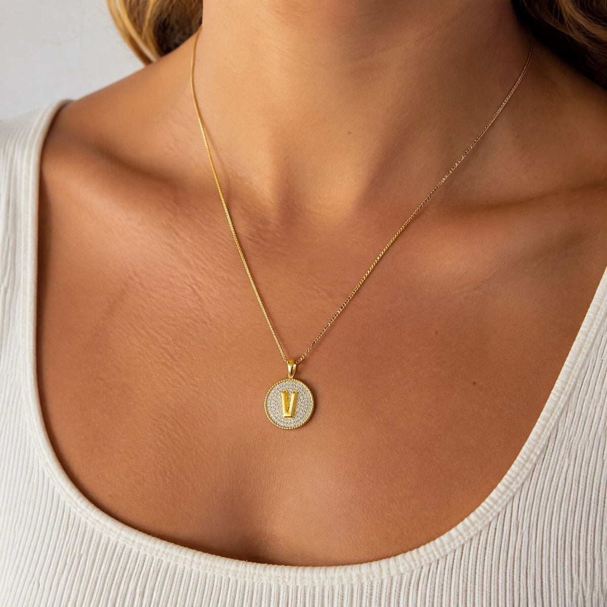 Rhinestone Initial Disc Necklace