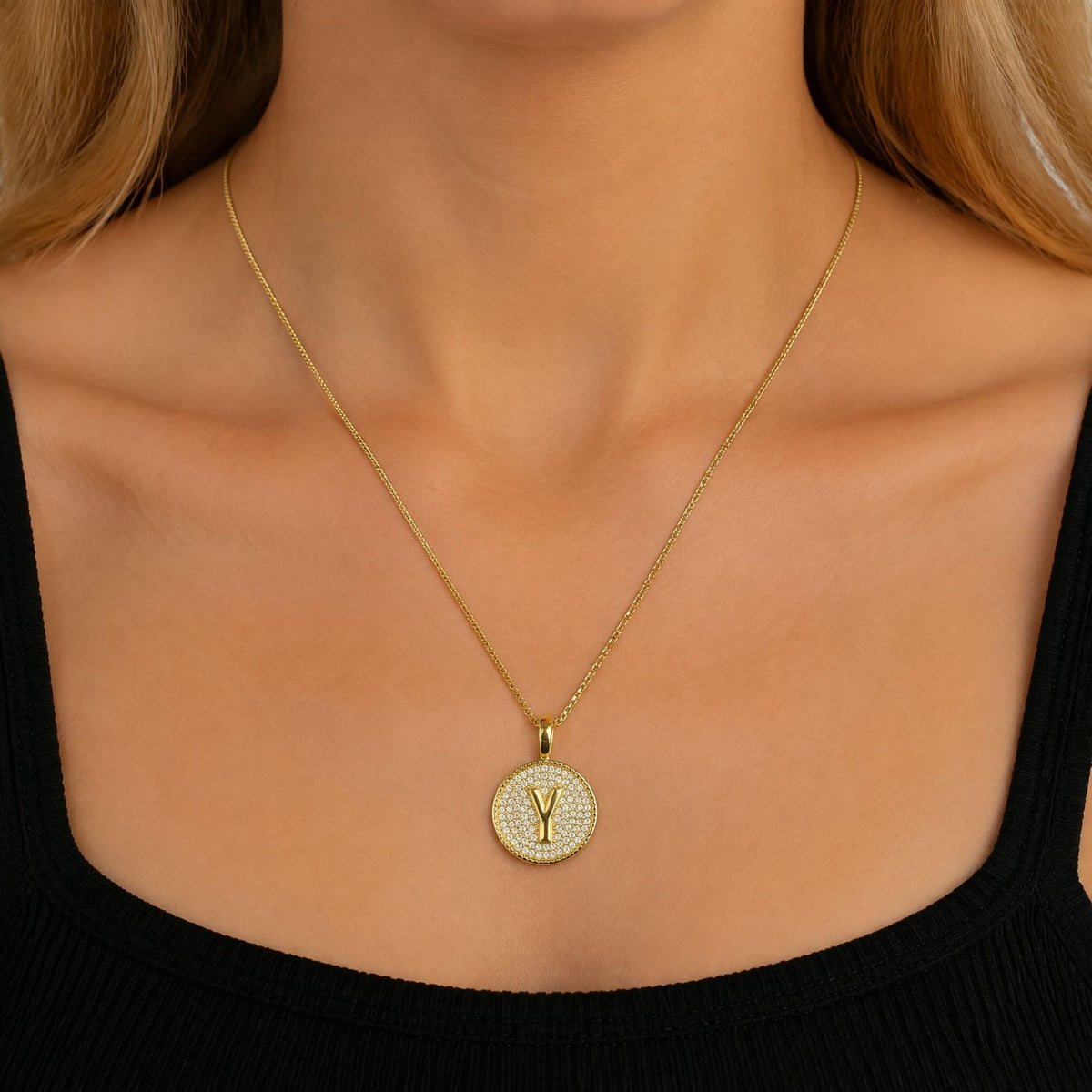 Rhinestone Initial Disc Necklace
