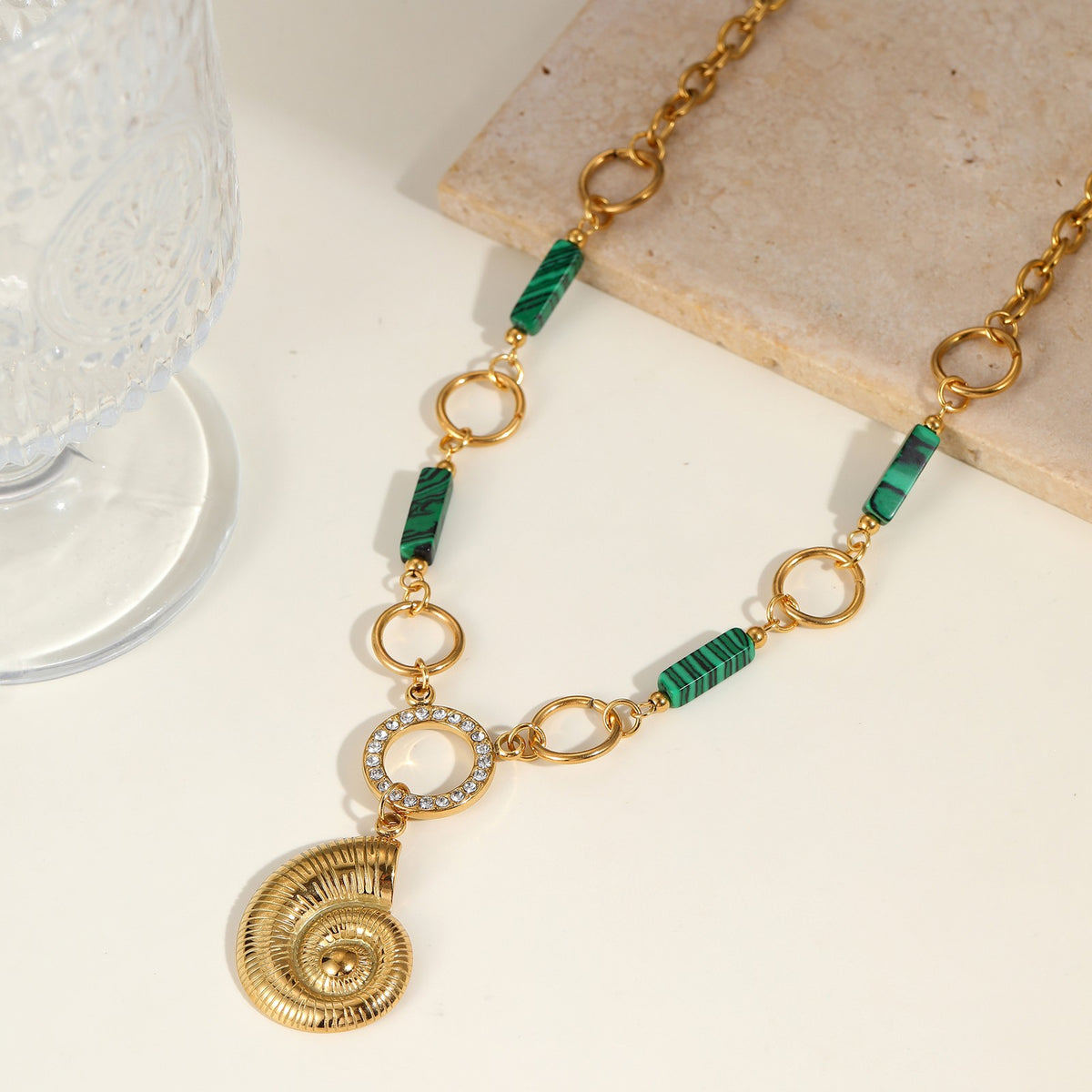 Green Bead Spiral Shell Necklace