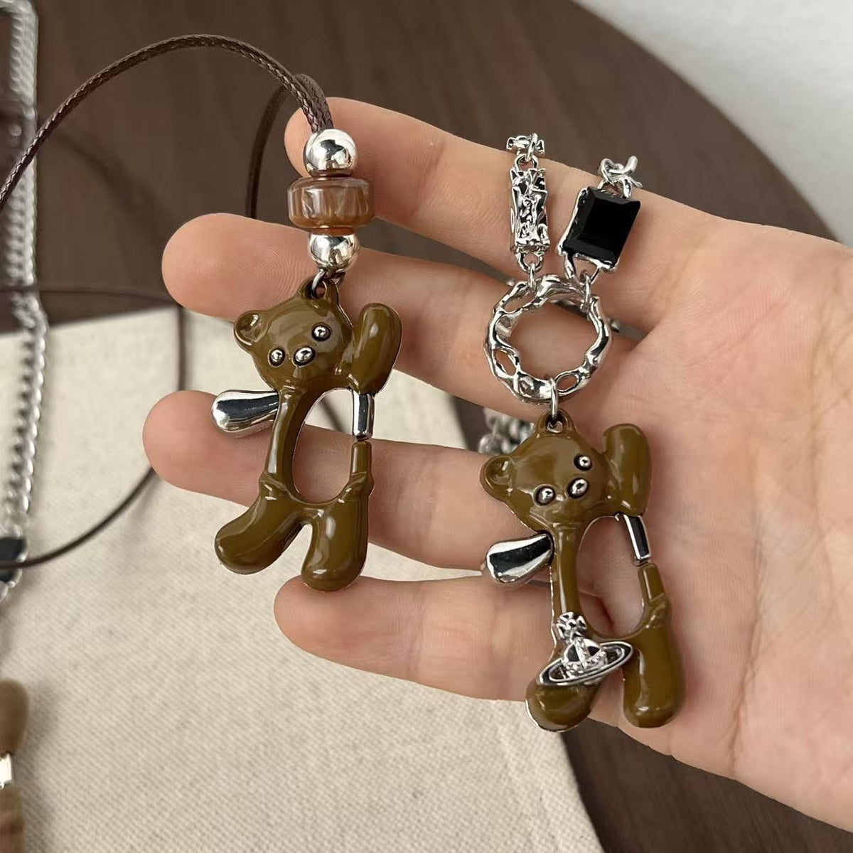 Flocked Bear Charm Necklace