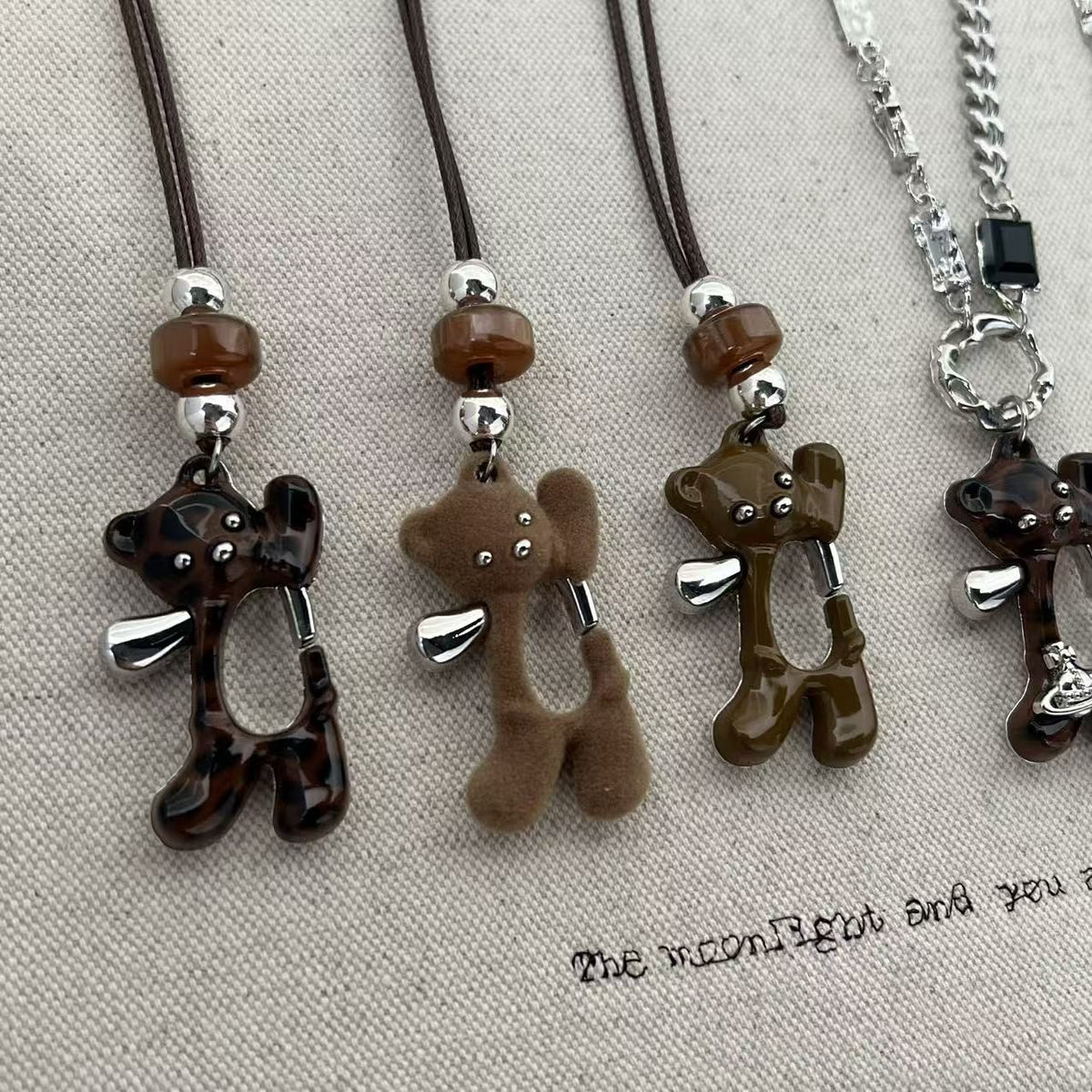 Flocked Bear Charm Necklace