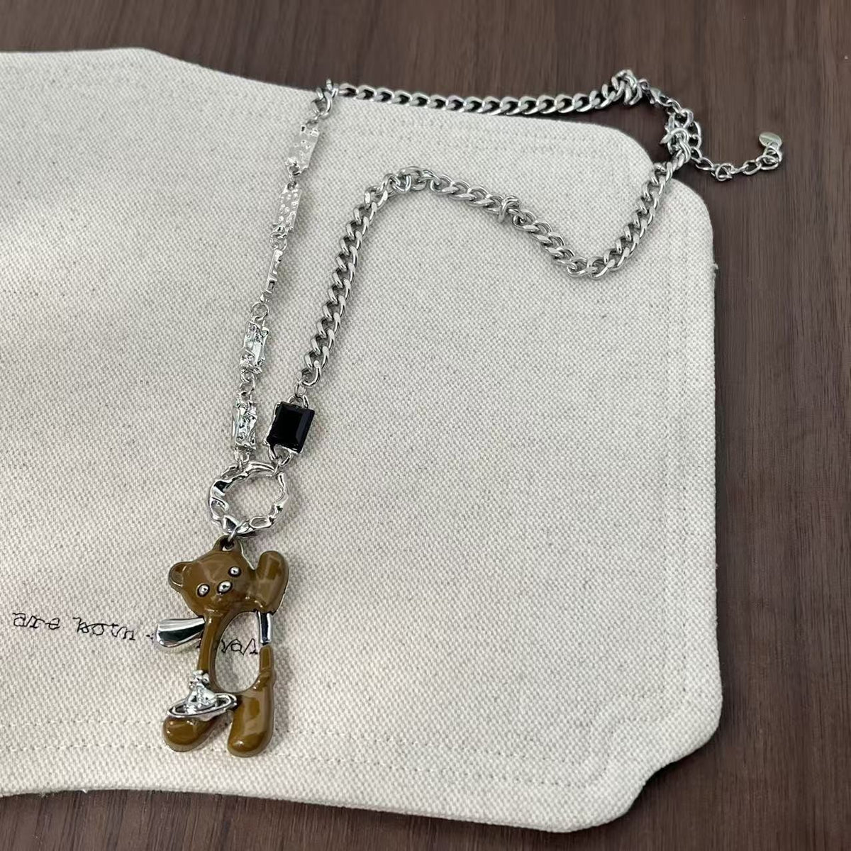 Flocked Bear Charm Necklace
