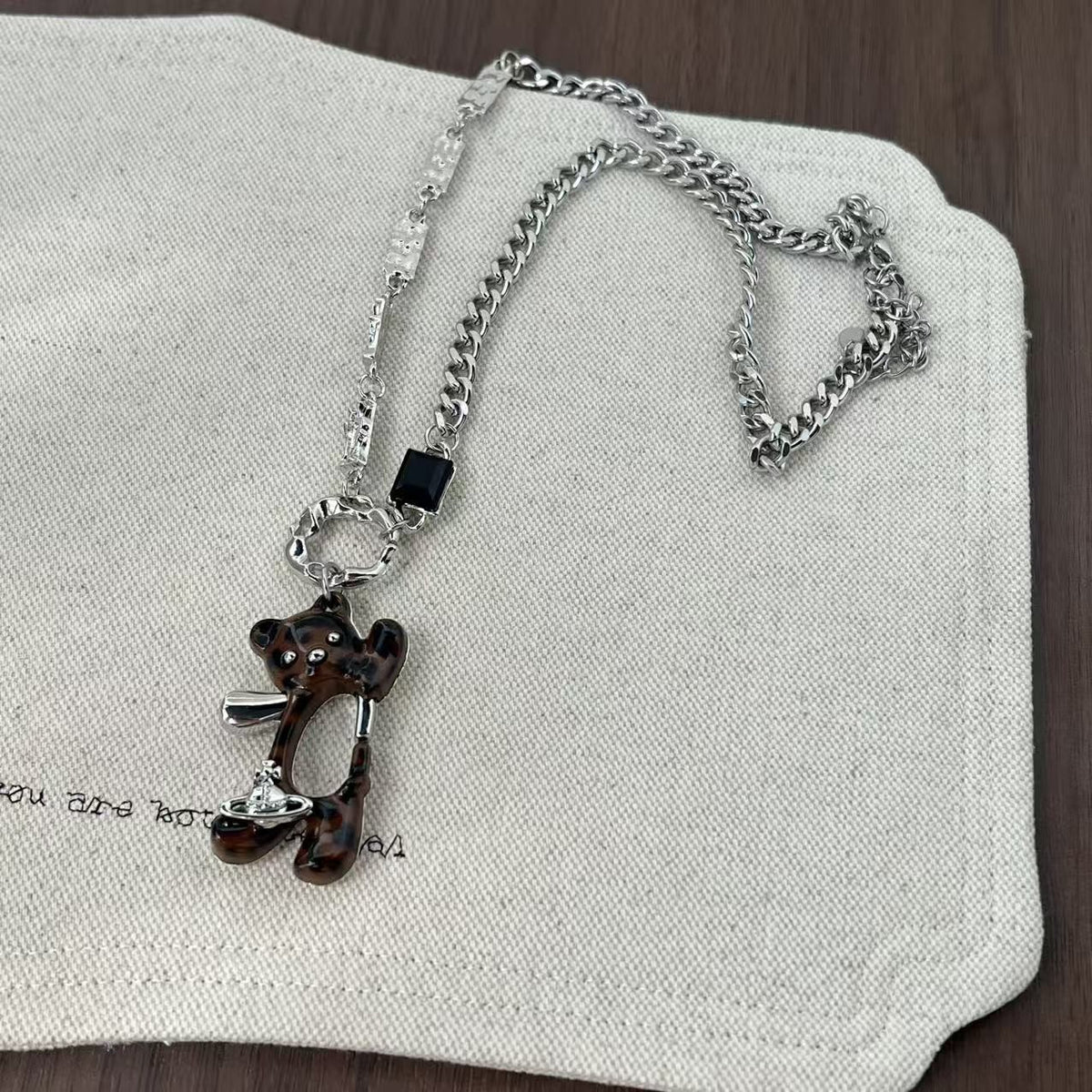 Flocked Bear Charm Necklace