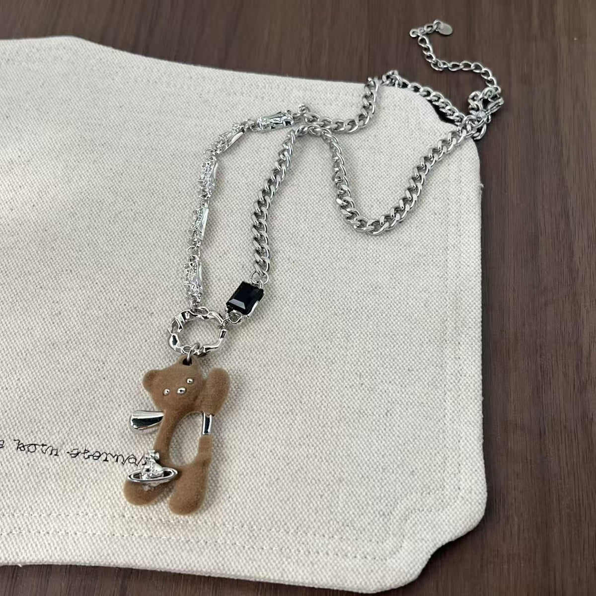 Flocked Bear Charm Necklace