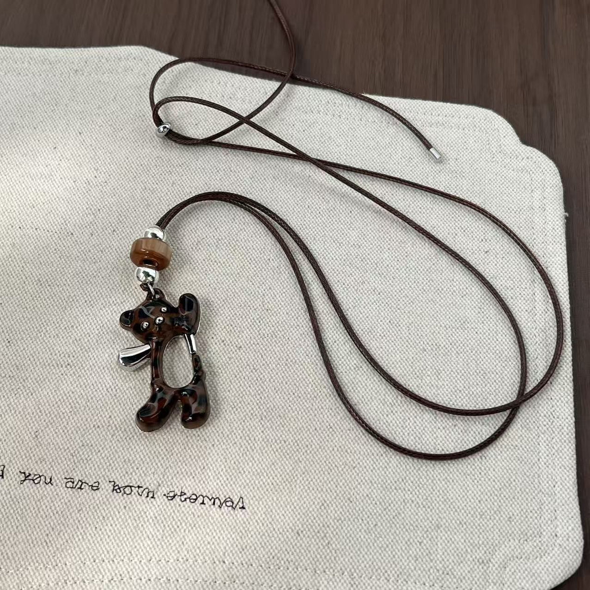 Flocked Bear Charm Necklace