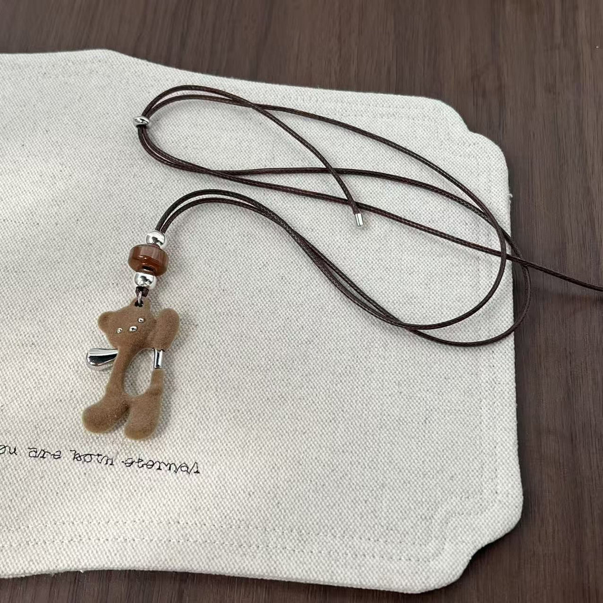 Flocked Bear Charm Necklace
