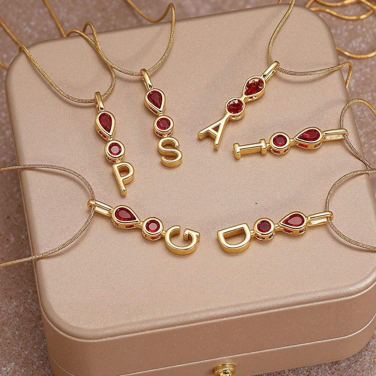 Red Teardrop Initial Necklace