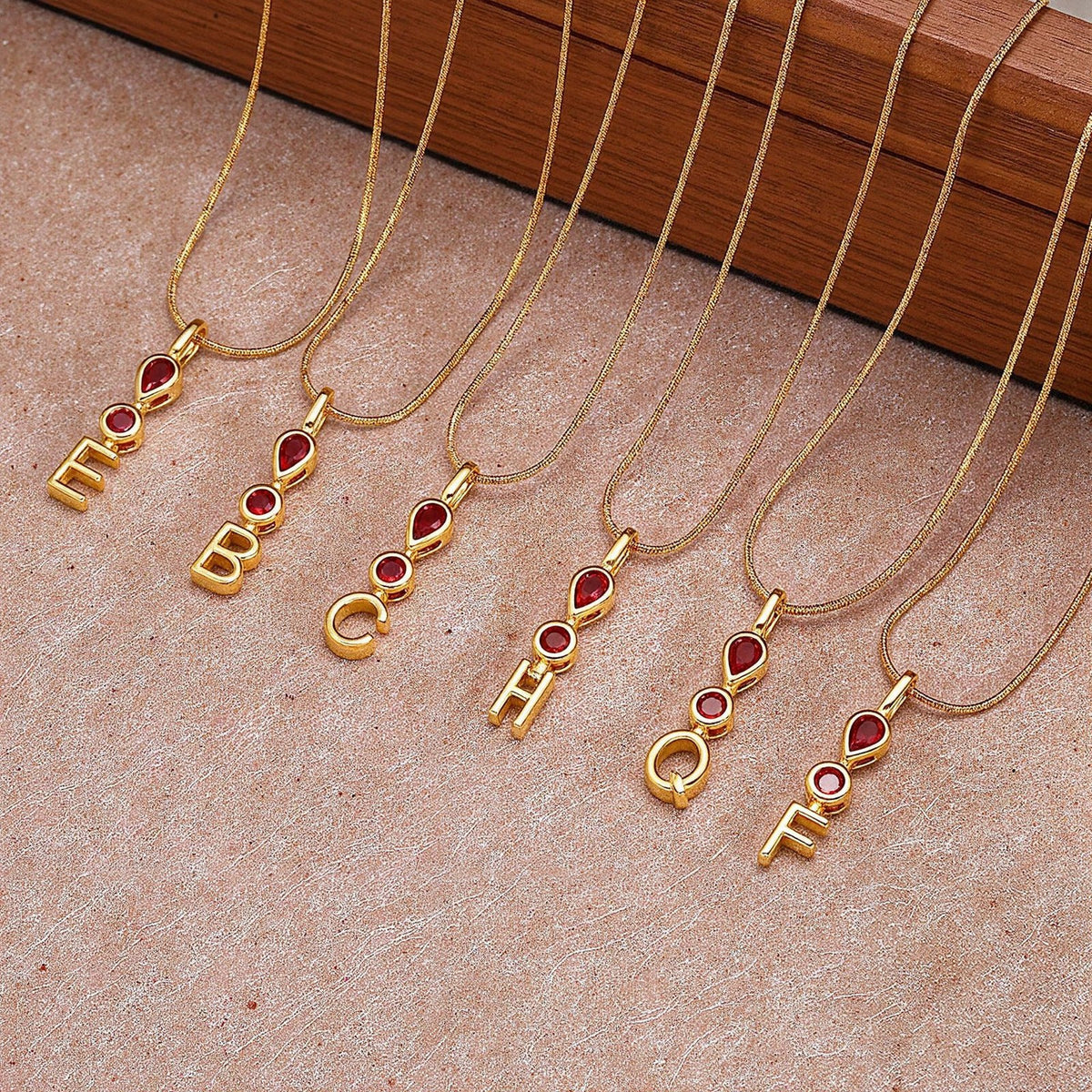Red Teardrop Initial Necklace
