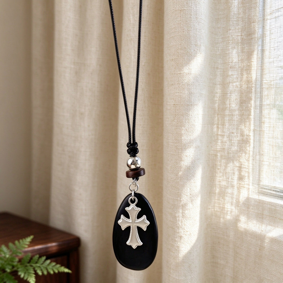 Silver Cross Wood Oval Necklace