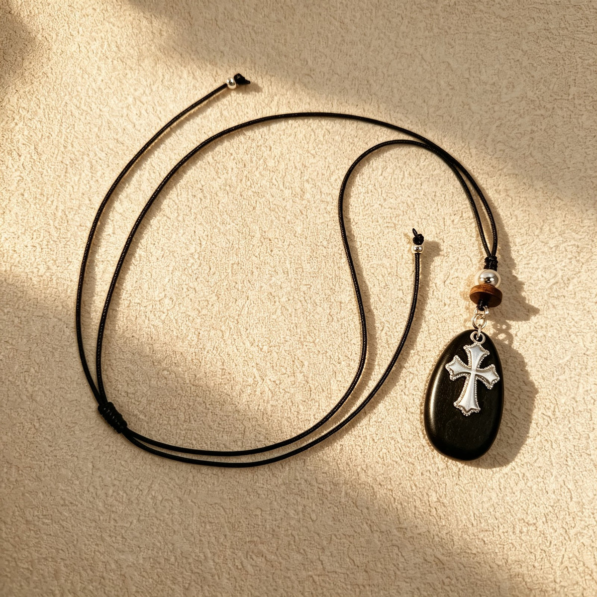 Silver Cross Wood Oval Necklace