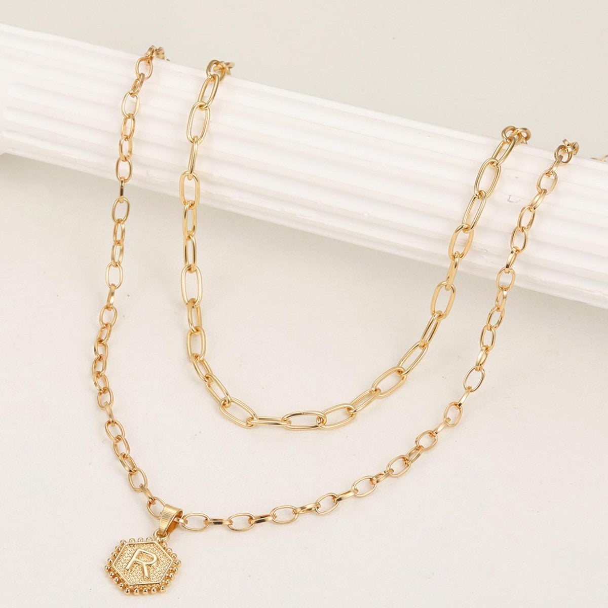 Hexagon Initial Paperclip Layered Necklace