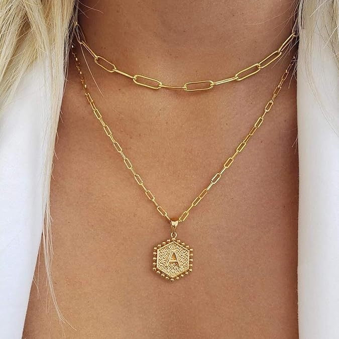 Hexagon Initial Paperclip Layered Necklace