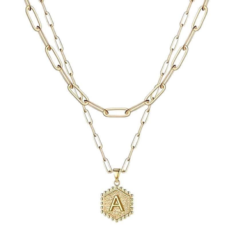 Hexagon Initial Paperclip Layered Necklace