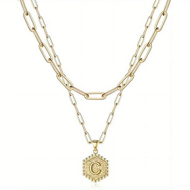 Hexagon Initial Paperclip Layered Necklace