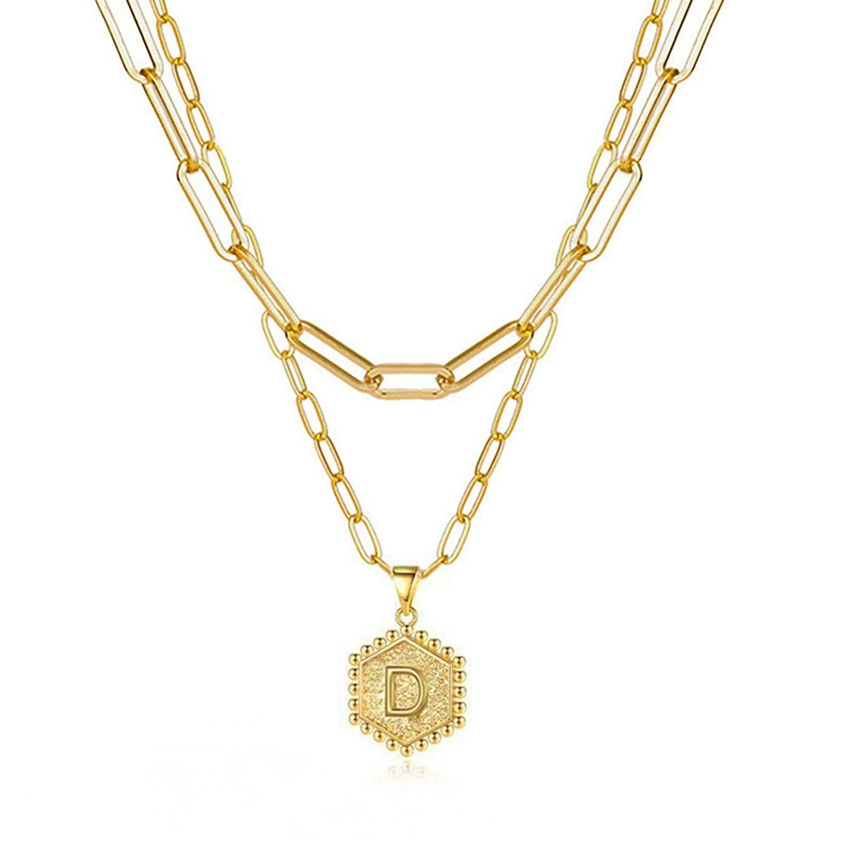 Hexagon Initial Paperclip Layered Necklace