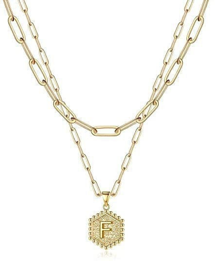 Hexagon Initial Paperclip Layered Necklace