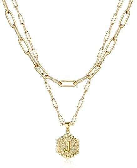 Hexagon Initial Paperclip Layered Necklace