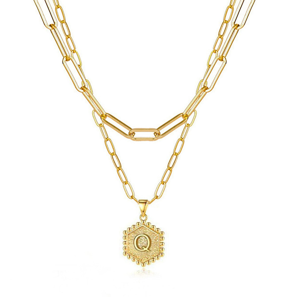 Hexagon Initial Paperclip Layered Necklace