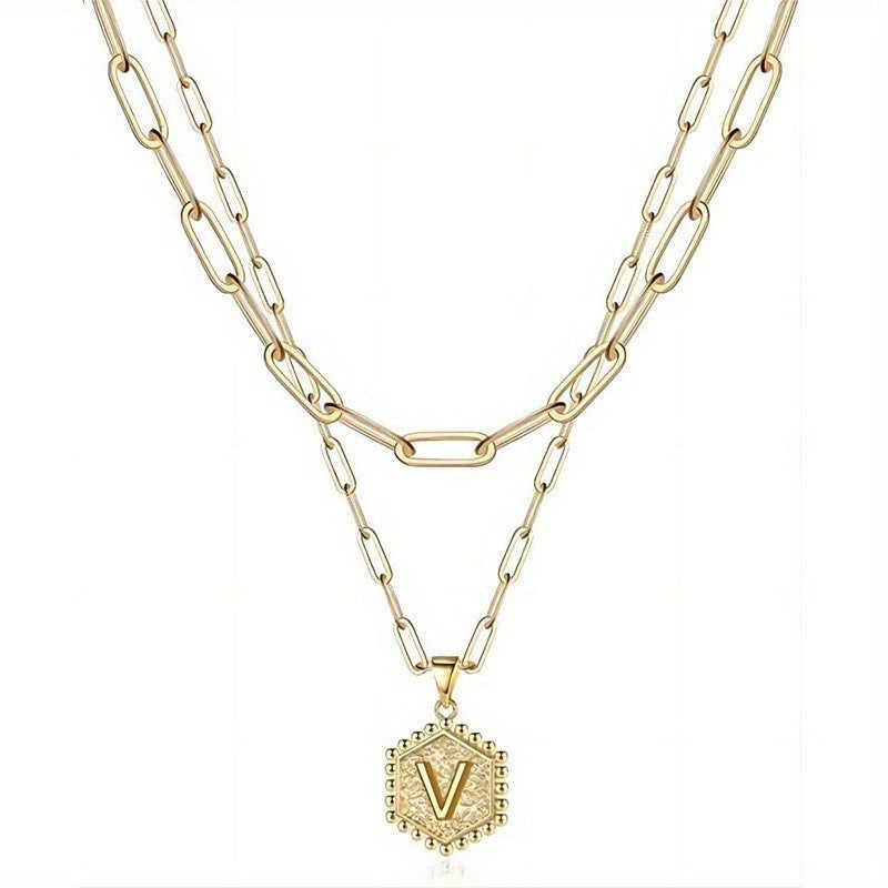 Hexagon Initial Paperclip Layered Necklace