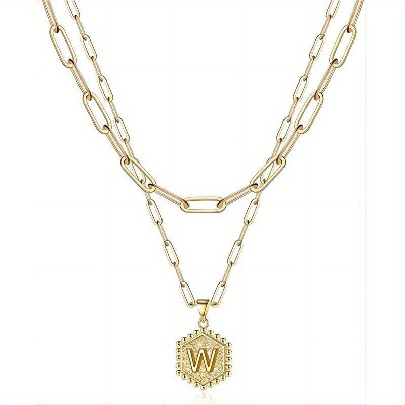 Hexagon Initial Paperclip Layered Necklace