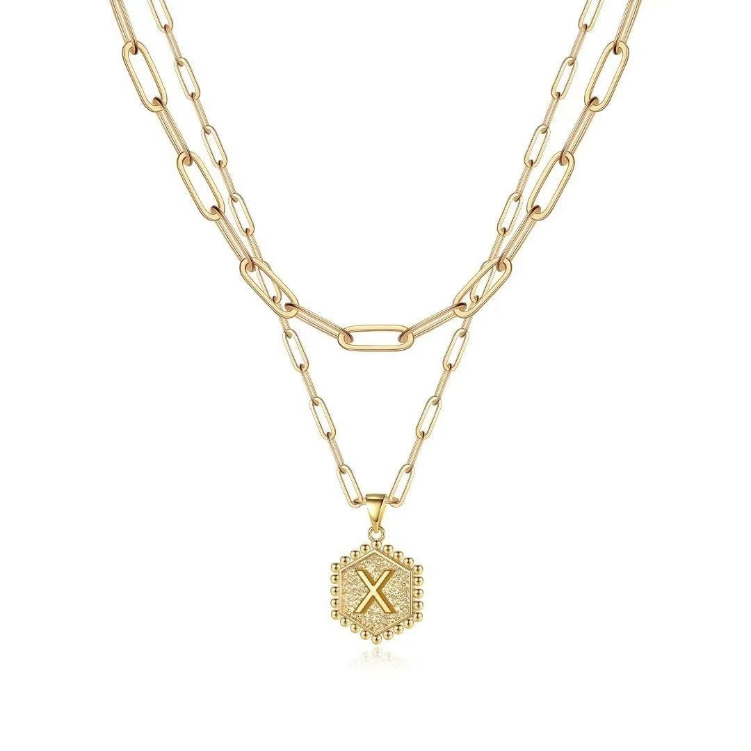 Hexagon Initial Paperclip Layered Necklace