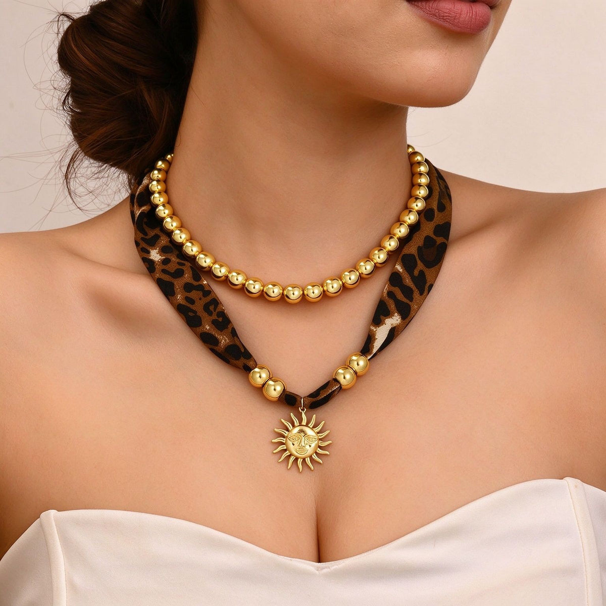 Leopard Print Beaded Sun Necklace Set
