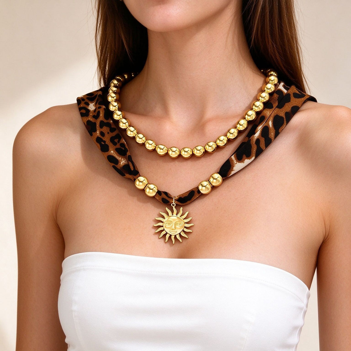 Leopard Print Beaded Sun Necklace Set