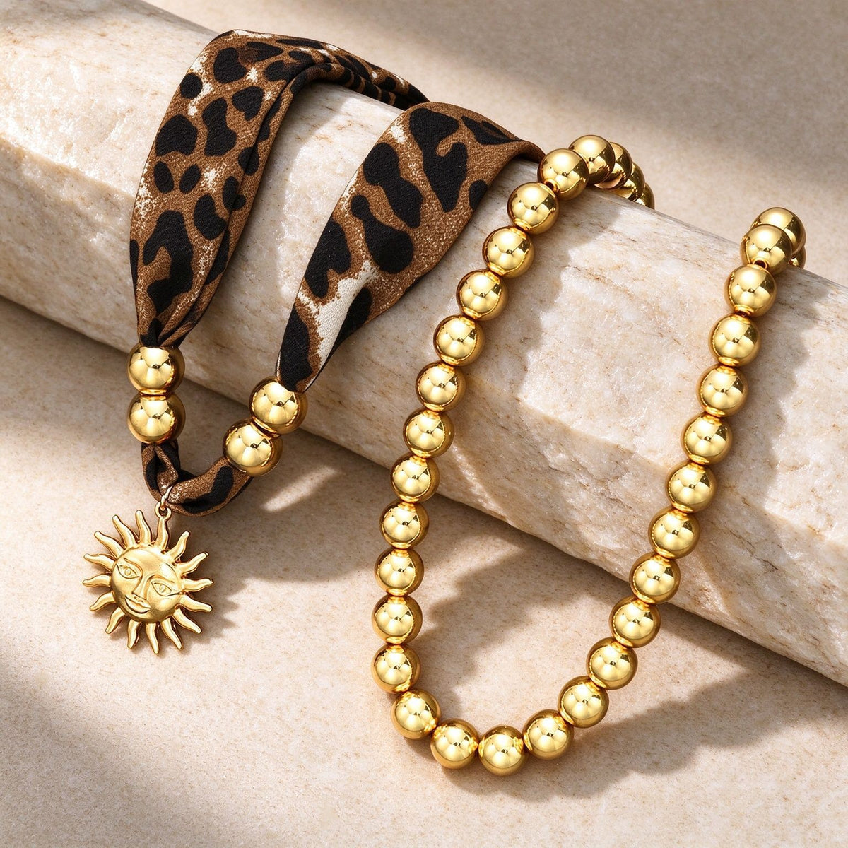 Leopard Print Beaded Sun Necklace Set