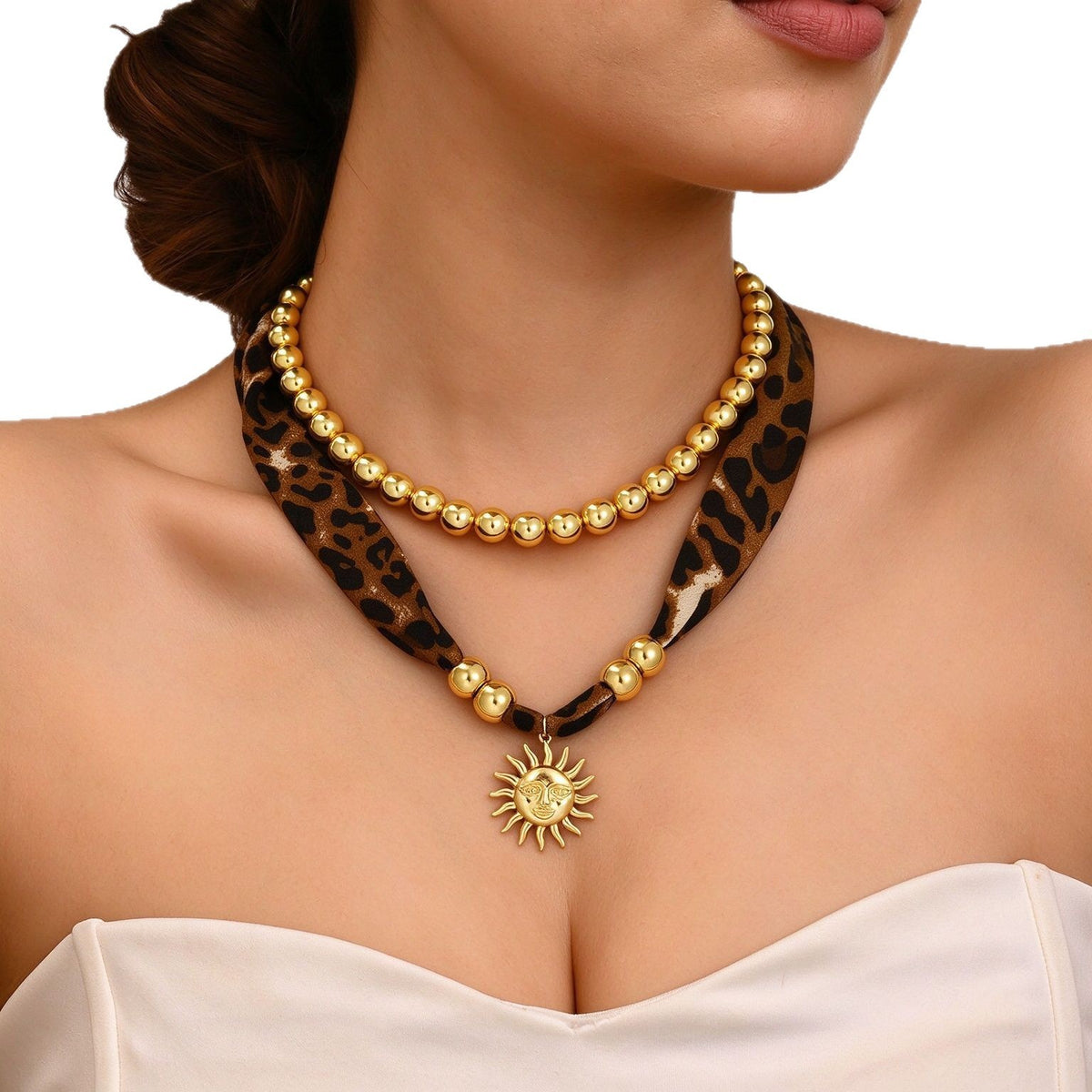 Leopard Print Beaded Sun Necklace Set