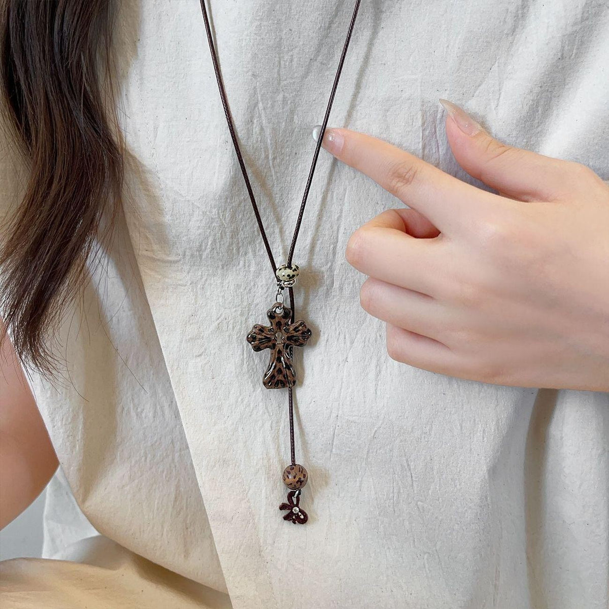 Leopard Cross Lariat Necklace