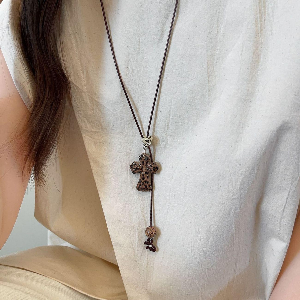 Leopard Cross Lariat Necklace