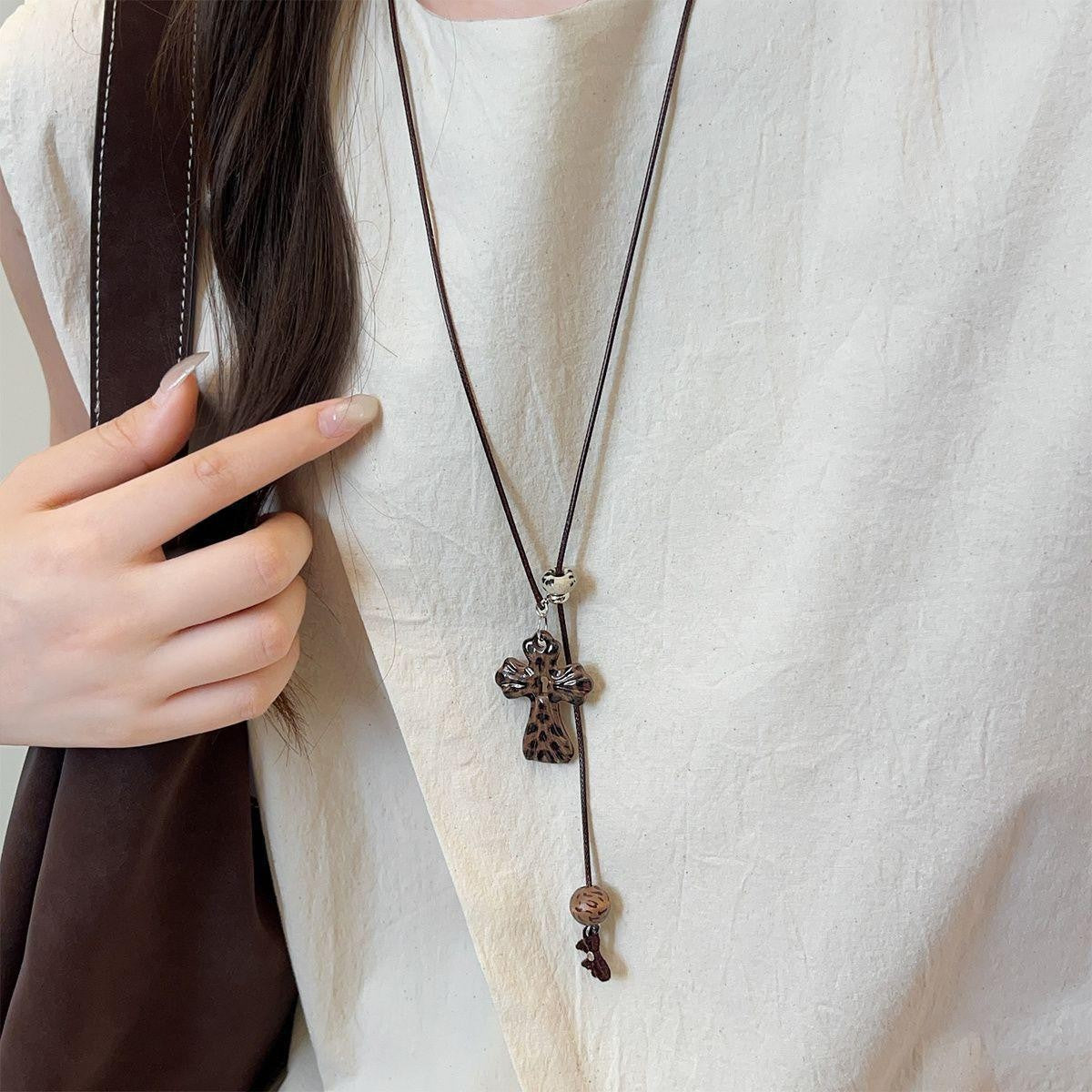 Leopard Cross Lariat Necklace