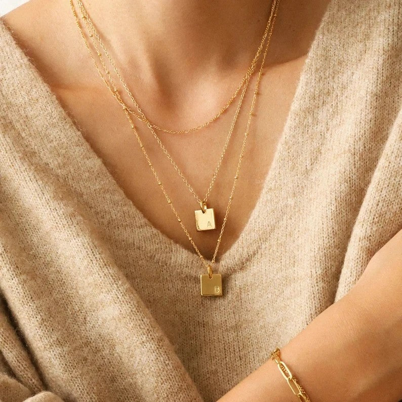 Engraved Square Initial Necklace