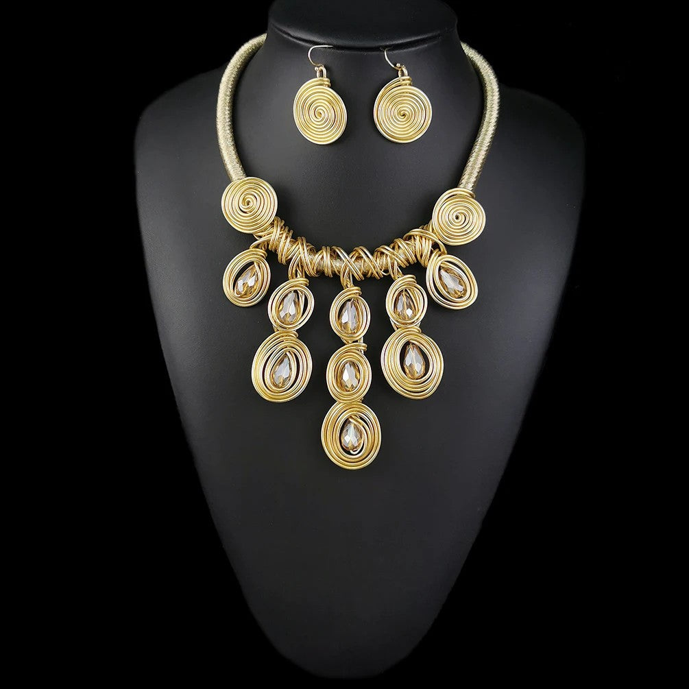 Gold Spiral Bib Necklace & Earring Set